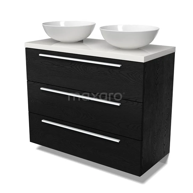 Modulo Plato Vanity units for countertop basin | 100 cm Black oak Flat front High-gloss white worktop 3 drawers BMK19-01661