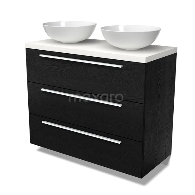 Modulo Plato Vanity units for countertop basin | 100 cm Black oak Flat front Matte white worktop 3 drawers BMK19-01662