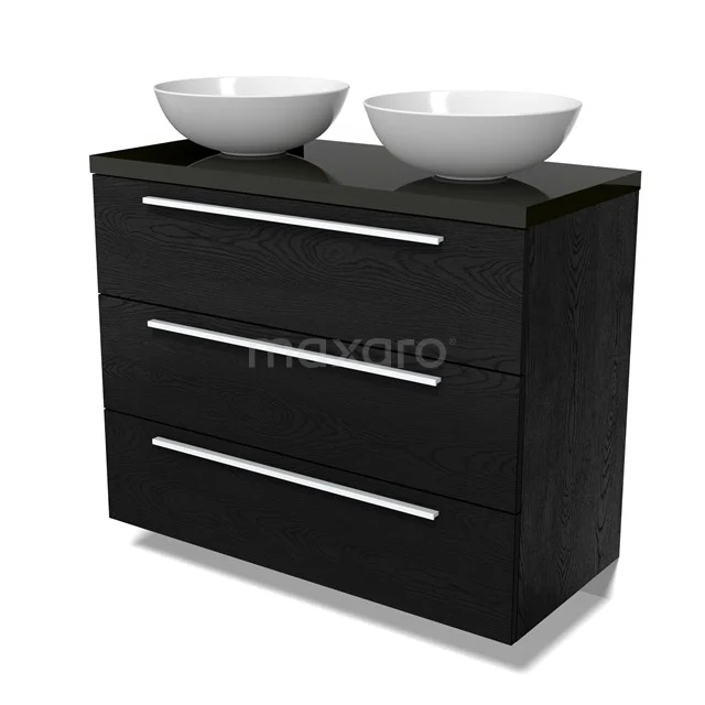 Modulo Plato Vanity units for countertop basin | 100 cm Black oak Flat front High-gloss black worktop 3 drawers BMK19-01664