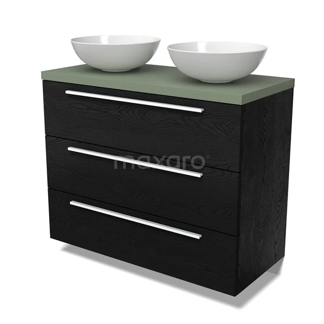 Modulo Plato Vanity units for countertop basin | 100 cm Black oak Flat front Sage green worktop 3 drawers BMK19-01665