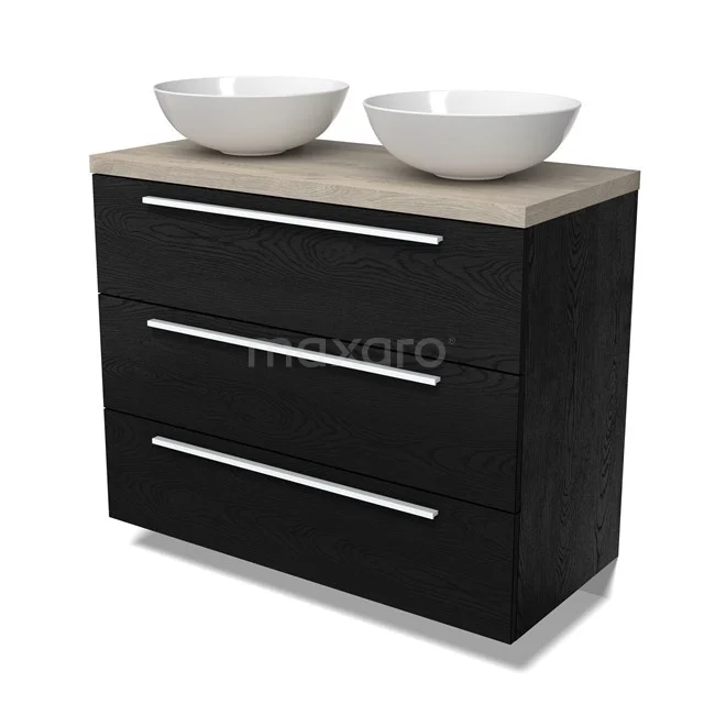 Modulo Plato Vanity units for countertop basin | 100 cm Black oak Flat front Light grey oak worktop 3 drawers BMK19-01668