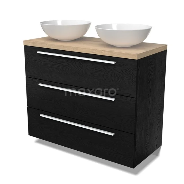 Modulo Plato Badmöbel mit Aufsatzwaschbecken | 100 cm Schwarze Eiche Flach front Hellbraune Eiche blatt 3 Schubladen BMK19-01669