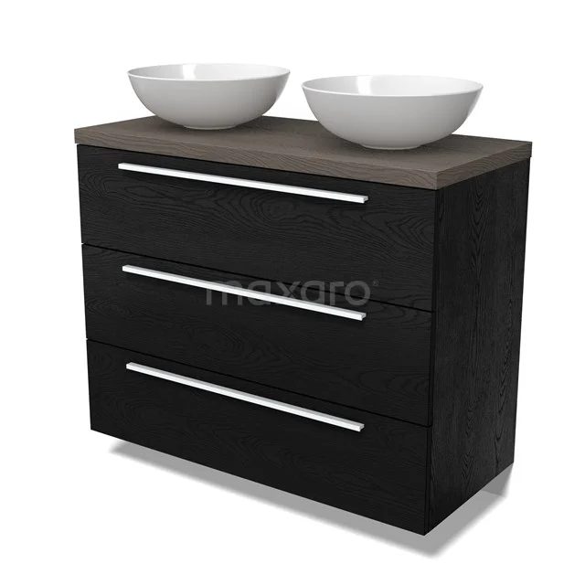 Modulo Plato Vanity units for countertop basin | 100 cm Black oak Flat front Dark brown oak worktop 3 drawers BMK19-01671
