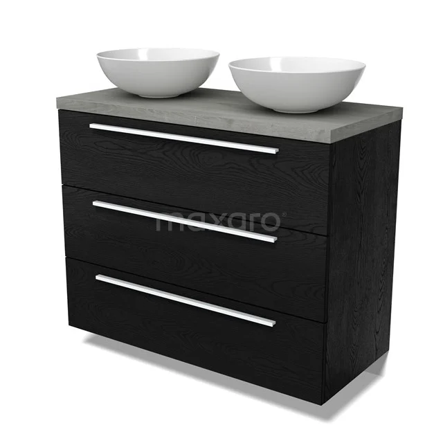 Modulo Plato Vanity units for countertop basin | 100 cm Black oak Flat front Grey oak worktop 3 drawers BMK19-01672