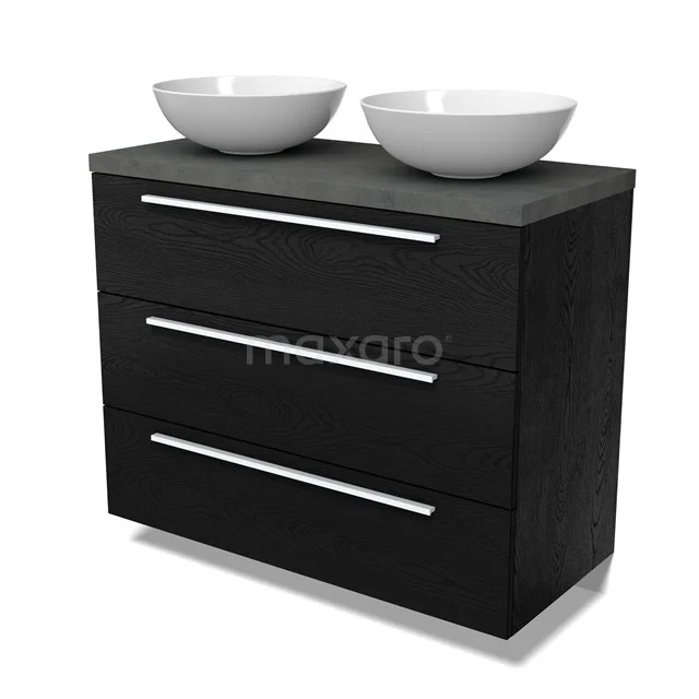 Modulo Plato Badmöbel mit Aufsatzwaschbecken | 100 cm Schwarze Eiche Flach front Dunkelgrauer Beton blatt 3 Schubladen BMK19-01674