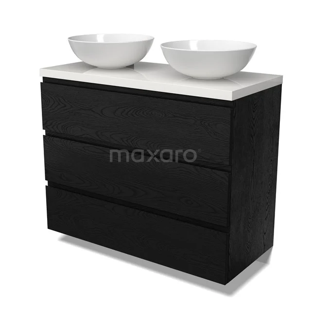 Modulo Plato Vanity units for countertop basin | 100 cm Black oak Handle-less front High-gloss white worktop 3 drawers BMK19-01678