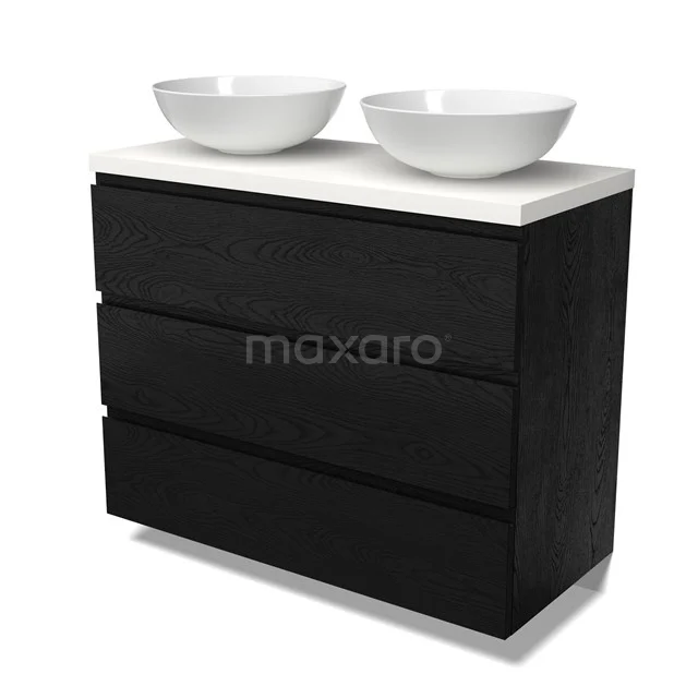 Modulo Plato Vanity units for countertop basin | 100 cm Black oak Handle-less front Matte white worktop 3 drawers BMK19-01679