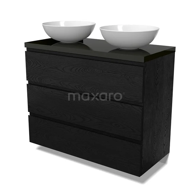 Modulo Plato Vanity units for countertop basin | 100 cm Black oak Handle-less front High-gloss black worktop 3 drawers BMK19-01681