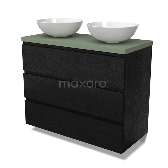 Modulo Plato Vanity units for countertop basin | 100 cm Black oak Handle-less front Sage green worktop 3 drawers BMK19-01682