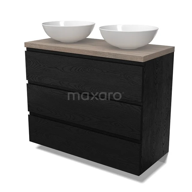 Modulo Plato Vanity units for countertop basin | 100 cm Black oak Handle-less front Oak worktop 3 drawers BMK19-01684