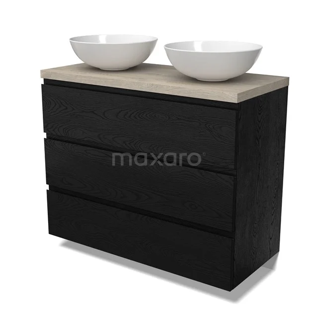Modulo Plato Vanity units for countertop basin | 100 cm Black oak Handle-less front Light grey oak worktop 3 drawers BMK19-01685
