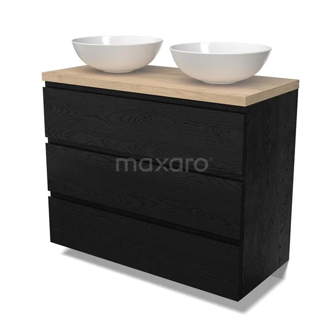 Modulo Plato Vanity units for countertop basin | 100 cm Black oak Handle-less front Light brown oak worktop 3 drawers BMK19-01686