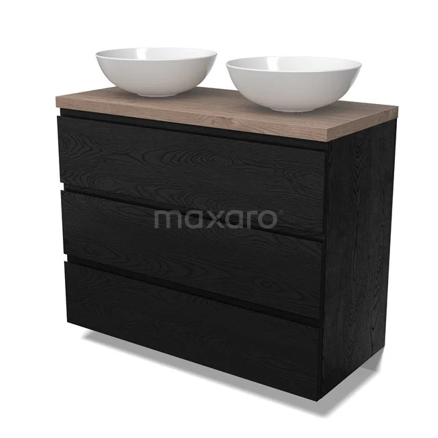 Modulo Plato Vanity units for countertop basin | 100 cm Black oak Handle-less front Mid brown oak worktop 3 drawers BMK19-01687