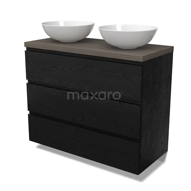 Modulo Plato Vanity units for countertop basin | 100 cm Black oak Handle-less front Dark brown oak worktop 3 drawers BMK19-01688
