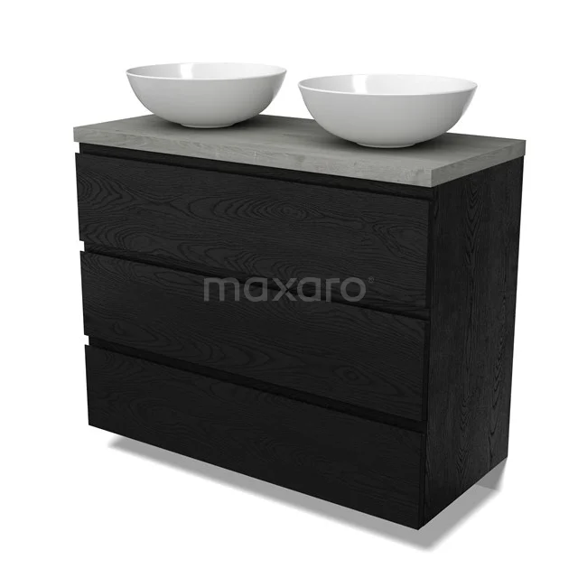 Modulo Plato Vanity units for countertop basin | 100 cm Black oak Handle-less front Grey oak worktop 3 drawers BMK19-01689