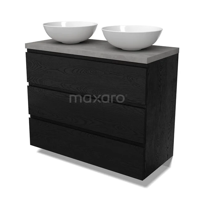 Modulo Plato Badmöbel mit Aufsatzwaschbecken | 100 cm Schwarze Eiche Grifflos front Hellgrauer Beton blatt 3 Schubladen BMK19-01690