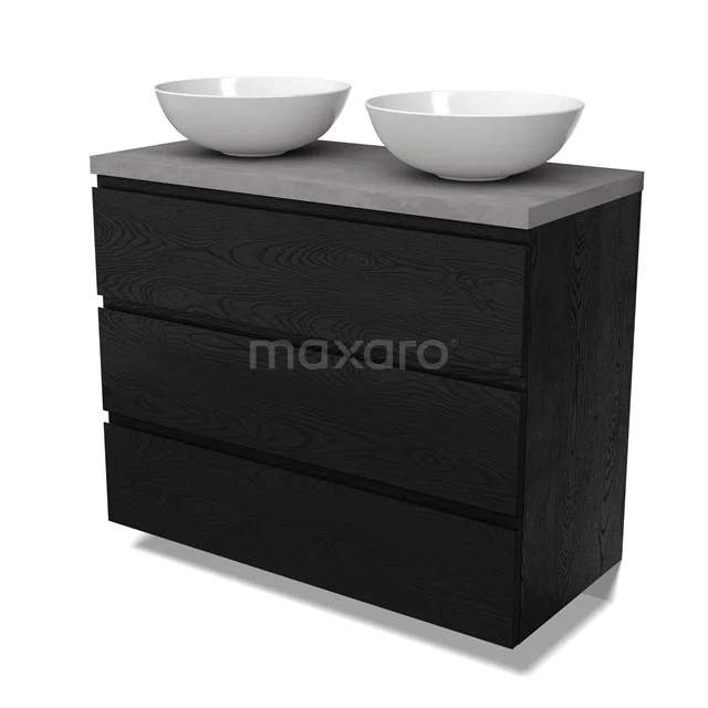 Modulo Plato Vanity units for countertop basin | 100 cm Black oak Handle-less front Light grey concrete worktop 3 drawers BMK19-01690