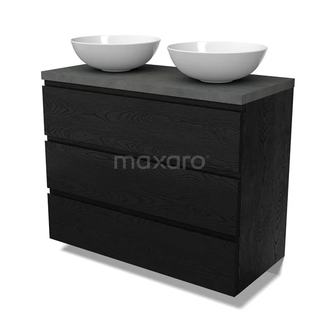 Modulo Plato Vanity units for countertop basin | 100 cm Black oak Handle-less front Dark grey concrete worktop 3 drawers BMK19-01691