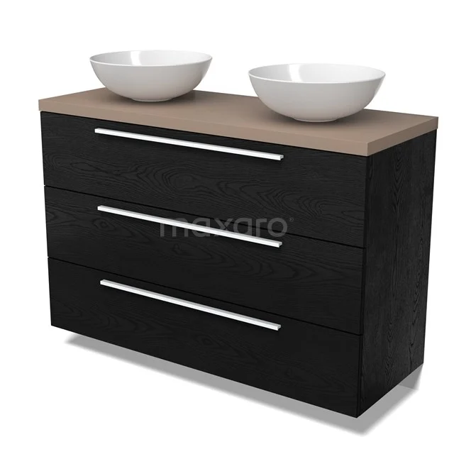Modulo Plato Badmöbel mit Aufsatzwaschbecken | 120 cm Schwarze Eiche Flach front Taupe blatt 3 Schubladen BMK19-01693