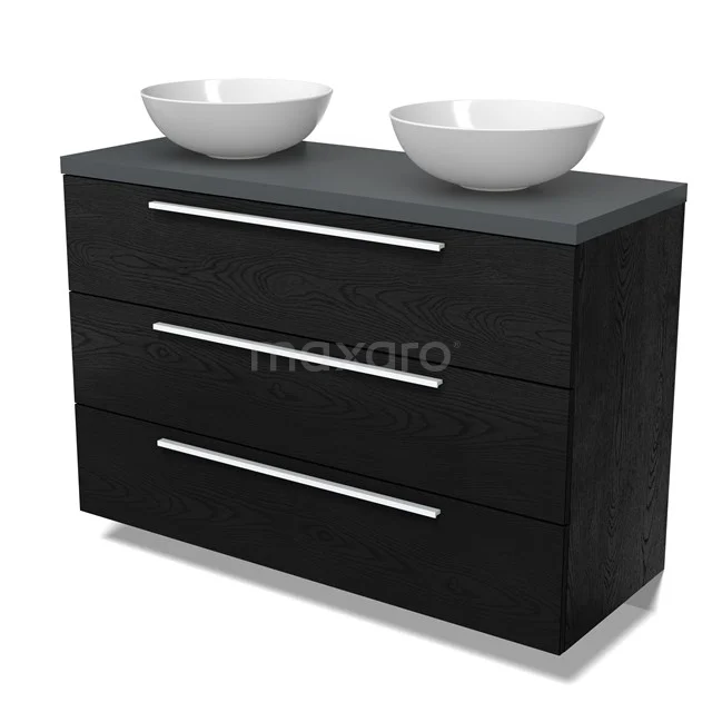 Modulo Plato Badmöbel mit Aufsatzwaschbecken | 120 cm Schwarze Eiche Flach front Dunkelgrau blatt 3 Schubladen BMK19-01697
