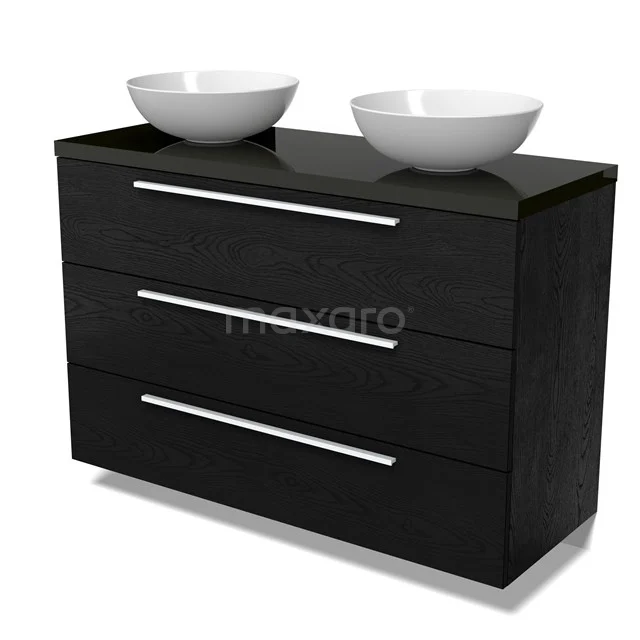 Modulo Plato Badmöbel mit Aufsatzwaschbecken | 120 cm Schwarze Eiche Flach front Hochglanz Schwarz blatt 3 Schubladen BMK19-01698