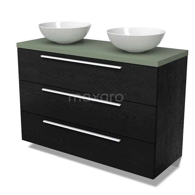 Modulo Plato Badmöbel mit Aufsatzwaschbecken | 120 cm Schwarze Eiche Flach front Salbeigrün blatt 3 Schubladen BMK19-01699