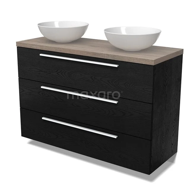 Modulo Plato Badmöbel mit Aufsatzwaschbecken | 120 cm Schwarze Eiche Flach front Eiche blatt 3 Schubladen BMK19-01701
