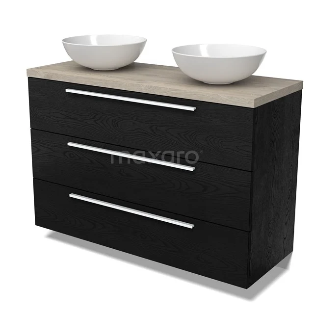 Modulo Plato Badmöbel mit Aufsatzwaschbecken | 120 cm Schwarze Eiche Flach front Hellgraue Eiche blatt 3 Schubladen BMK19-01702