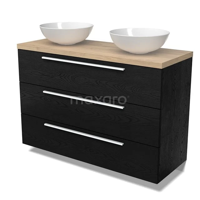 Modulo Plato Badmöbel mit Aufsatzwaschbecken | 120 cm Schwarze Eiche Flach front Hellbraune Eiche blatt 3 Schubladen BMK19-01703