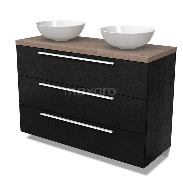 Modulo Plato Badmöbel mit Aufsatzwaschbecken | 120 cm Schwarze Eiche Flach front Mittelbraune Eiche blatt 3 Schubladen BMK19-01704