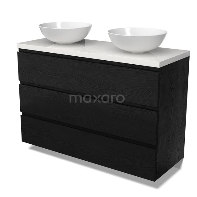 Modulo Plato Badmöbel mit Aufsatzwaschbecken | 120 cm Schwarze Eiche Grifflos front Hochglanz Weiß blatt 3 Schubladen BMK19-01712