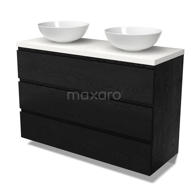 Modulo Plato Vanity units for countertop basin | 120 cm Black oak Handle-less front Matte white worktop 3 drawers BMK19-01713