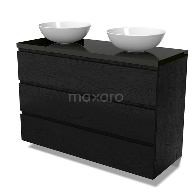 Modulo Plato Badmöbel mit Aufsatzwaschbecken | 120 cm Schwarze Eiche Grifflos front Hochglanz Schwarz blatt 3 Schubladen BMK19-01715