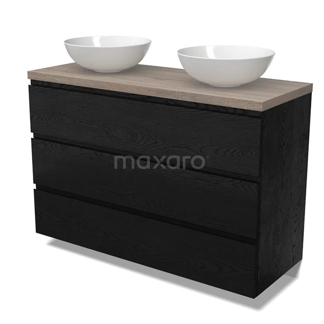 Modulo Plato Vanity units for countertop basin | 120 cm Black oak Handle-less front Oak worktop 3 drawers BMK19-01718