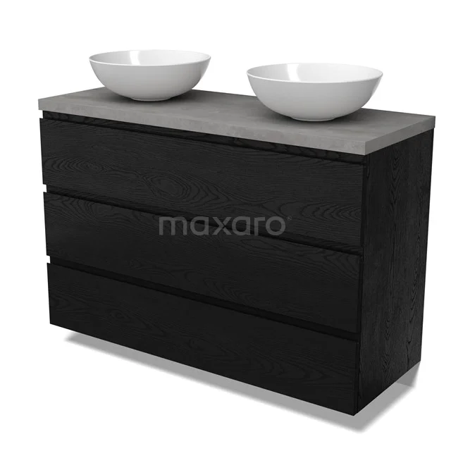 Modulo Plato Vanity units for countertop basin | 120 cm Black oak Handle-less front Light grey concrete worktop 3 drawers BMK19-01724