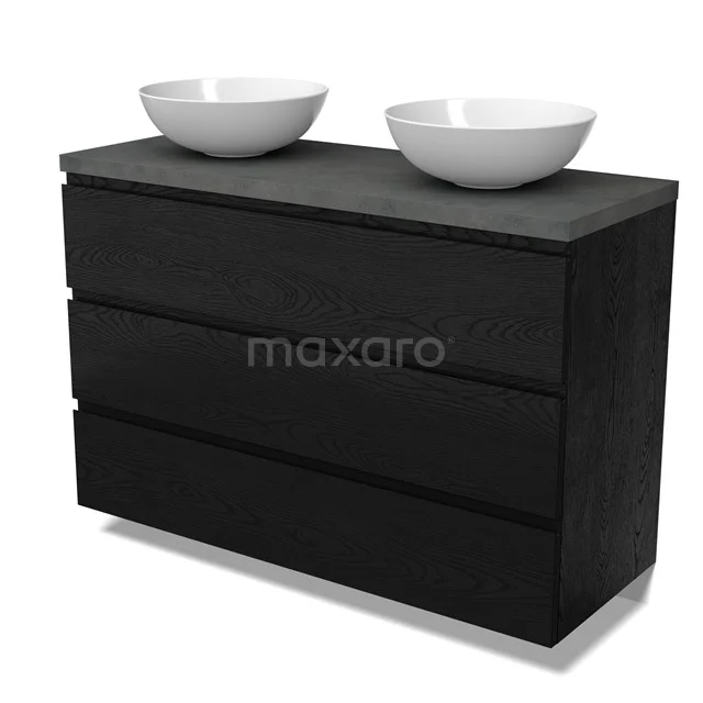 Modulo Plato Badmöbel mit Aufsatzwaschbecken | 120 cm Schwarze Eiche Grifflos front Dunkelgrauer Beton blatt 3 Schubladen BMK19-01725