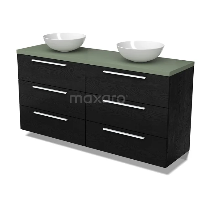 Modulo Plato Badmöbel mit Aufsatzwaschbecken | 160 cm Schwarze Eiche Flach front Salbeigrün blatt 6 Schubladen BMK20-00304