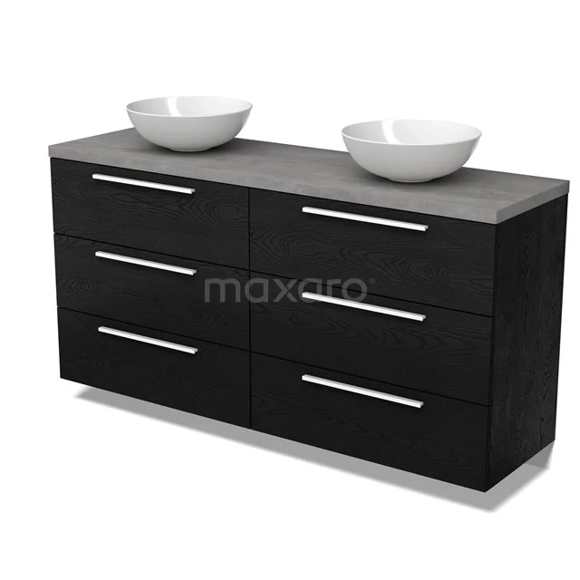 Modulo Plato Badmöbel mit Aufsatzwaschbecken | 160 cm Schwarze Eiche Flach front Hellgrauer Beton blatt 6 Schubladen BMK20-00312