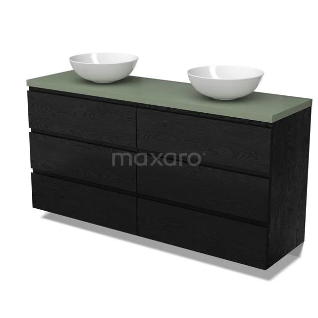 Modulo Plato Badmöbel mit Aufsatzwaschbecken | 160 cm Schwarze Eiche Grifflos front Salbeigrün blatt 6 Schubladen BMK20-00321