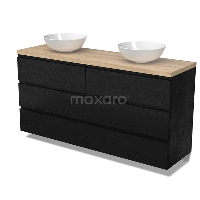 Modulo Plato Badmöbel mit Aufsatzwaschbecken | 160 cm Schwarze Eiche Grifflos front Hellbraune Eiche blatt 6 Schubladen BMK20-00325