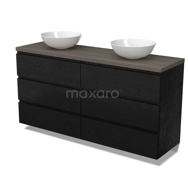 Modulo Plato Badkamermeubel voor waskom | 160 cm Zwart eiken Greeploos front Donkerbruin eiken blad 6 lades BMK20-00327