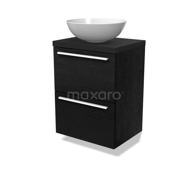 Modulo Plato Slim Badmöbel mit Aufsatzwaschbecken | 50 cm Schwarze Eiche Flach front Matt Schwarz blatt 2 übereinanderliegende Schubladen BMK37-02661