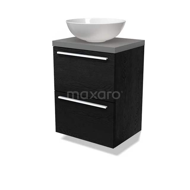 Modulo Plato Slim Badmöbel mit Aufsatzwaschbecken | 50 cm Schwarze Eiche Flach front Mittelgrau blatt 2 übereinanderliegende Schubladen BMK37-02662