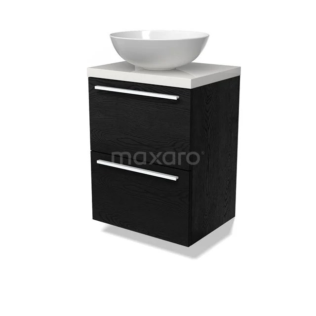 Modulo Plato Slim Badmöbel mit Aufsatzwaschbecken | 50 cm Schwarze Eiche Flach front Hochglanz Weiß blatt 2 übereinanderliegende Schubladen BMK37-02663