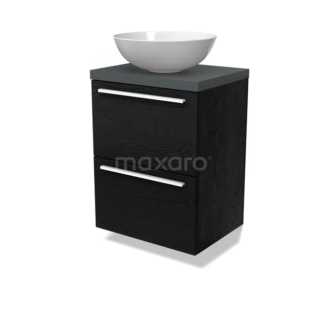 Modulo Plato Slim Badmöbel mit Aufsatzwaschbecken | 50 cm Schwarze Eiche Flach front Dunkelgrau blatt 2 übereinanderliegende Schubladen BMK37-02665