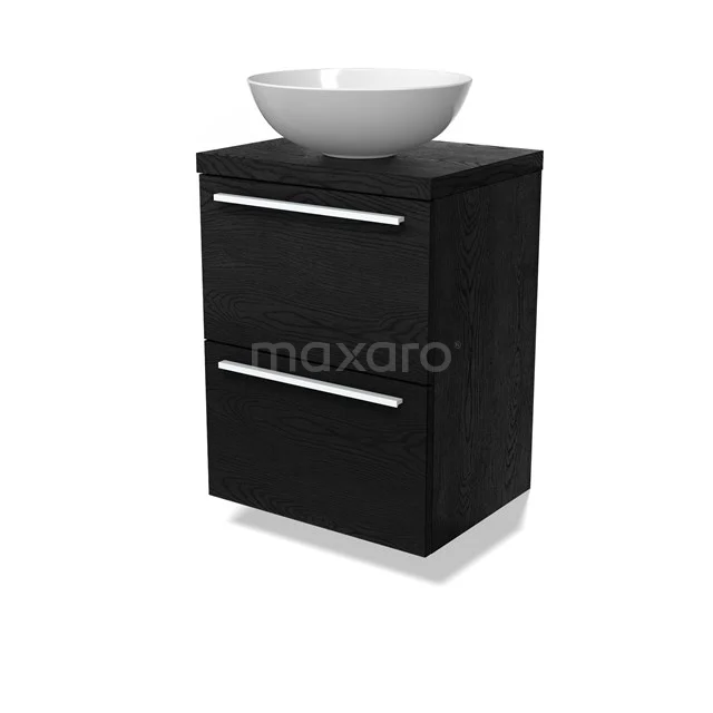 Modulo Plato Slim Badmöbel mit Aufsatzwaschbecken | 50 cm Schwarze Eiche Flach front Schwarze Eiche blatt 2 übereinanderliegende Schubladen BMK37-02667