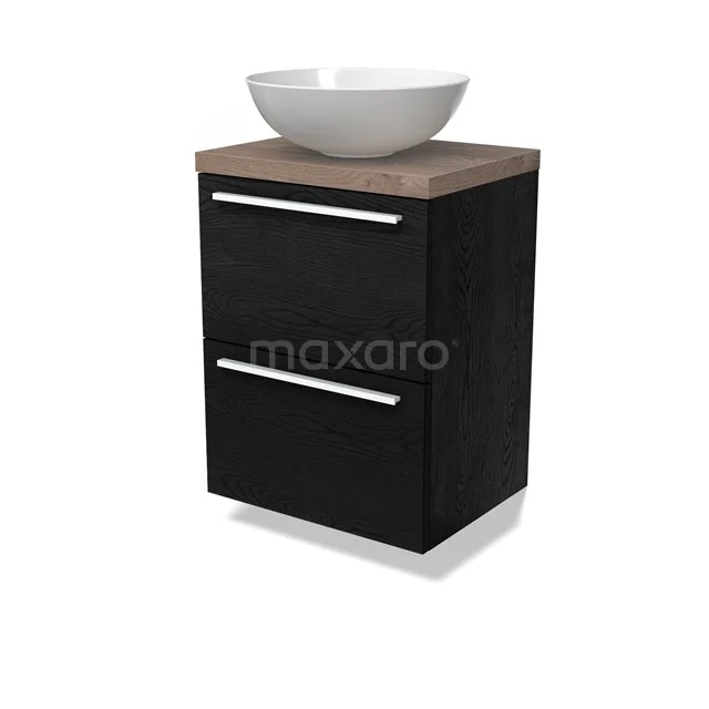 Modulo Plato Slim Badmöbel mit Aufsatzwaschbecken | 50 cm Schwarze Eiche Flach front Mittelbraune Eiche blatt 2 übereinanderliegende Schubladen BMK37-02671