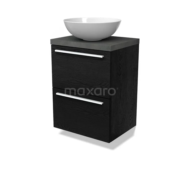 Modulo Plato Slim Badmöbel mit Aufsatzwaschbecken | 50 cm Schwarze Eiche Flach front Dunkelgrauer Beton blatt 2 übereinanderliegende Schubladen BMK37-02674