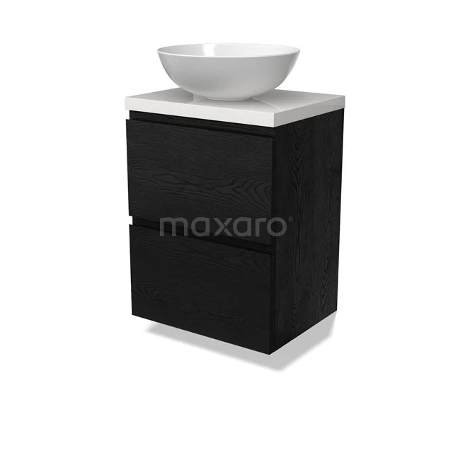 Modulo Plato Slim Badmöbel mit Aufsatzwaschbecken | 50 cm Schwarze Eiche Grifflos front Hochglanz Weiß blatt 2 übereinanderliegende Schubladen BMK37-02677