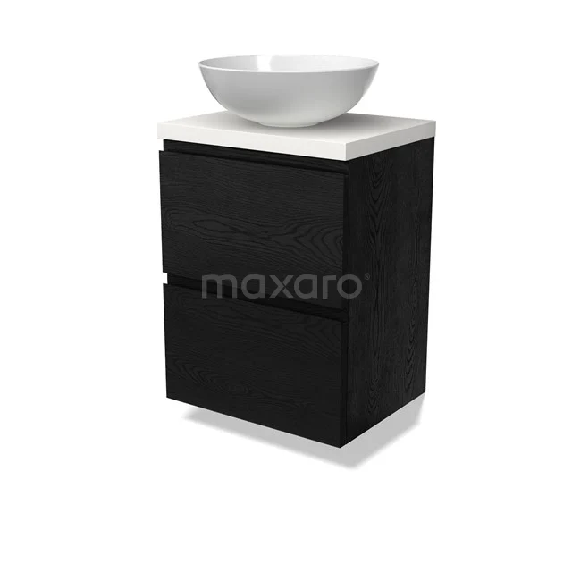 Modulo Plato Slim Vanity units for countertop basin | 50 cm Black oak Handle-less front Matte white worktop 2 Stacked drawers BMK37-02678